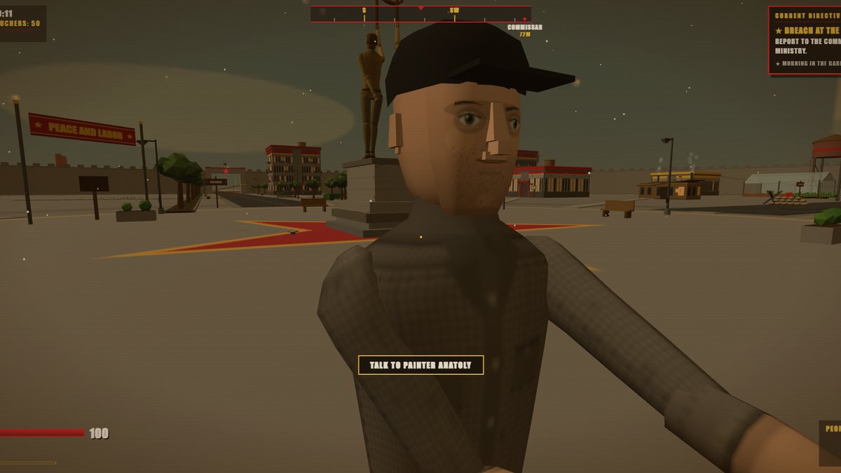 The city square of Novyy Mir in Commie vs Zombies: a statue on a plinth, a red Peace and Labor banner strung between lamp posts, and the perimeter wall along the horizon.