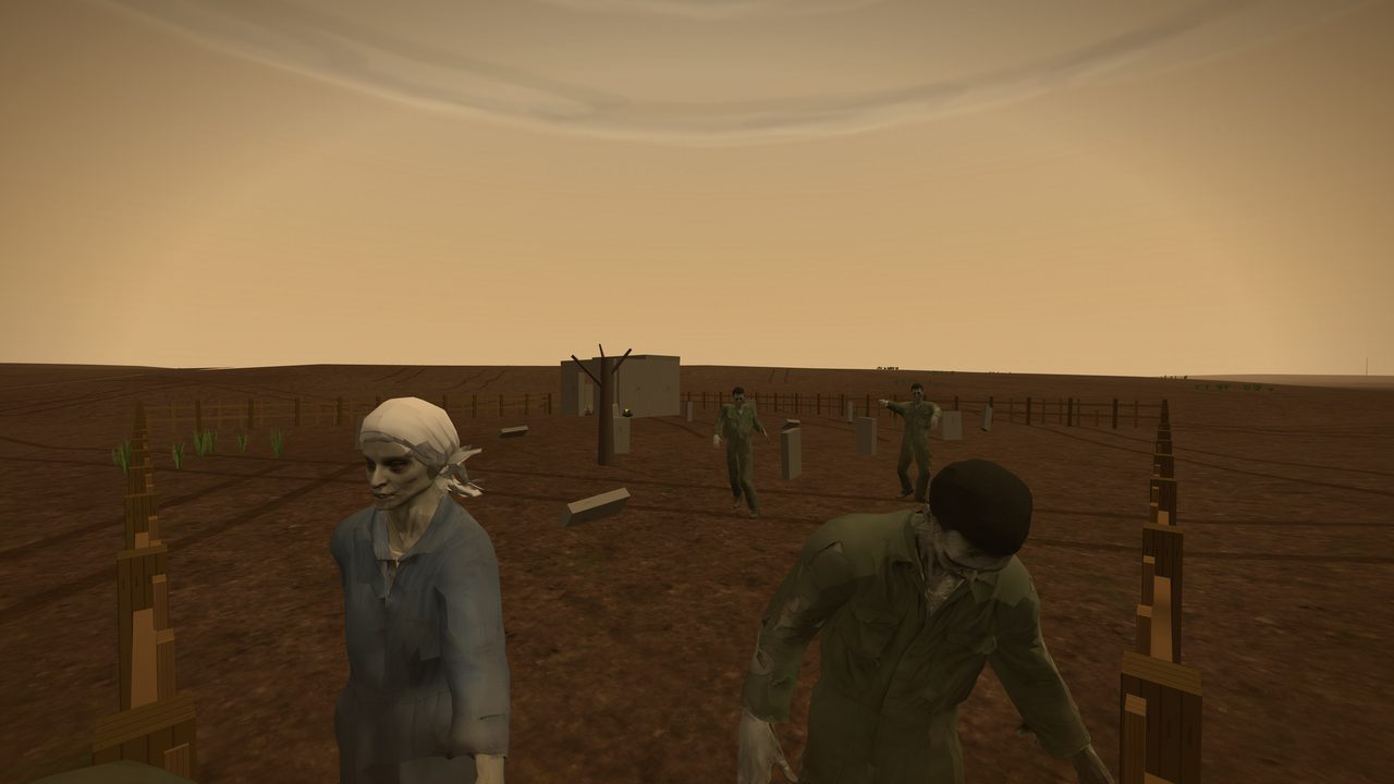 Four zombies advance across a graveyard of bare earth, low concrete markers and thin wooden fencing. Nearest on the left is a woman in a pale blue smock and a white headscarf, her face grey and hollowed; on the right a man in torn olive coveralls lurches forward with both arms out and his head down. Two more come on from the middle distance, past a dead tree and a small concrete shed, under a flat amber sky.