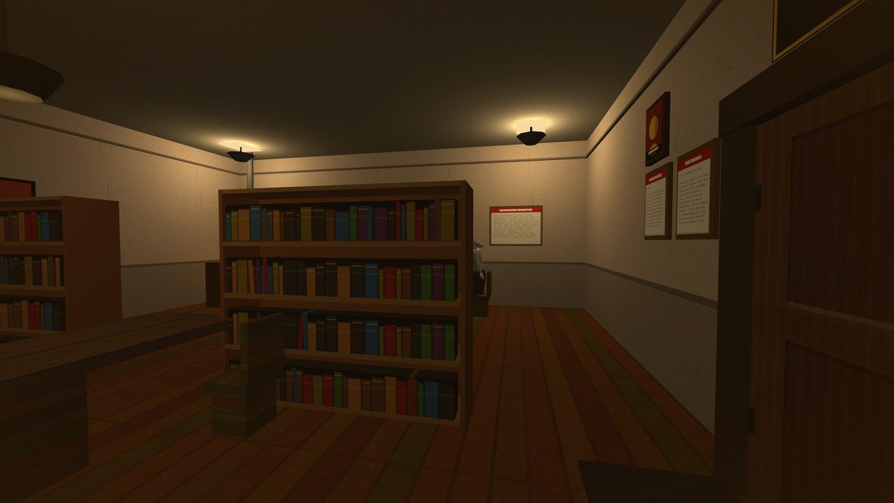 Inside the library after dark, two warm wall lamps light a free-standing bookcase packed with books in red, blue, green and ochre bindings. More shelves line the left wall behind a long reading table, and polished red-brown floorboards catch the lamplight. Framed notices on the right-hand wall include one headed ACCESSION REGISTER; a librarian with white hair is just visible seated at a desk beyond the end of the bookcase.