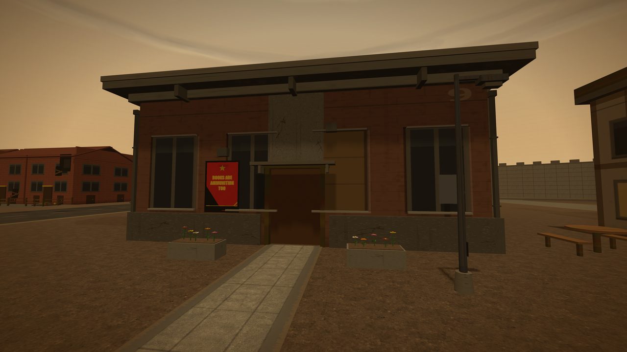 The People's Library at dusk: a low single-storey building in red brick and grey stone with a deep flat canopy, tall dark windows and a recessed wooden door. A red poster beside the entrance reads BOOKS ARE AMMUNITION TOO. Two concrete planters of orange and pink flowers flank a paved path that leads to the door, with a bench on the right, brick apartment blocks along the street to the left, and the perimeter wall behind.