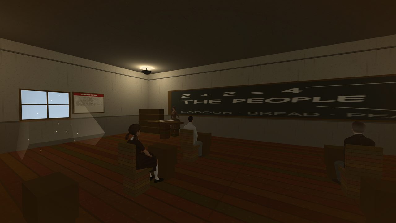 A schoolroom lit by a single ceiling lamp and a shaft of daylight from a window on the left. A teacher in a dark red dress stands at a wooden desk in front of a long blackboard chalked with 2 + 2 = 4, THE PEOPLE, and LABOUR - BREAD - PEACE. Three children sit at plank desks on a red-brown board floor: a girl in a dark pinafore with a braid, white socks and black shoes in the foreground, a boy in a white shirt in the middle, another boy in a dark jacket at the right. A framed red notice headed LITERACY RETURN hangs beside the window.