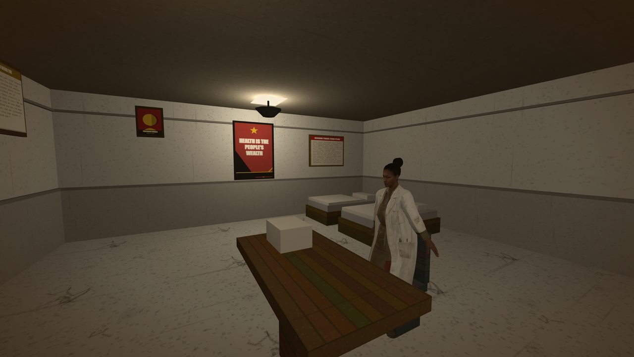 A small infirmary with whitewashed walls and a scuffed, marked floor. Doctor Svetlana stands beside a wooden examination bench in a white coat worn over a striped skirt, her hair pinned in a bun, a dark stain on the coat. Three cots with folded blankets line the far wall. A red poster with a gold star reads HEALTH IS THE PEOPLE'S WEALTH, and a framed bulletin beside it is headed SECOND THREE-YEAR PLAN.
