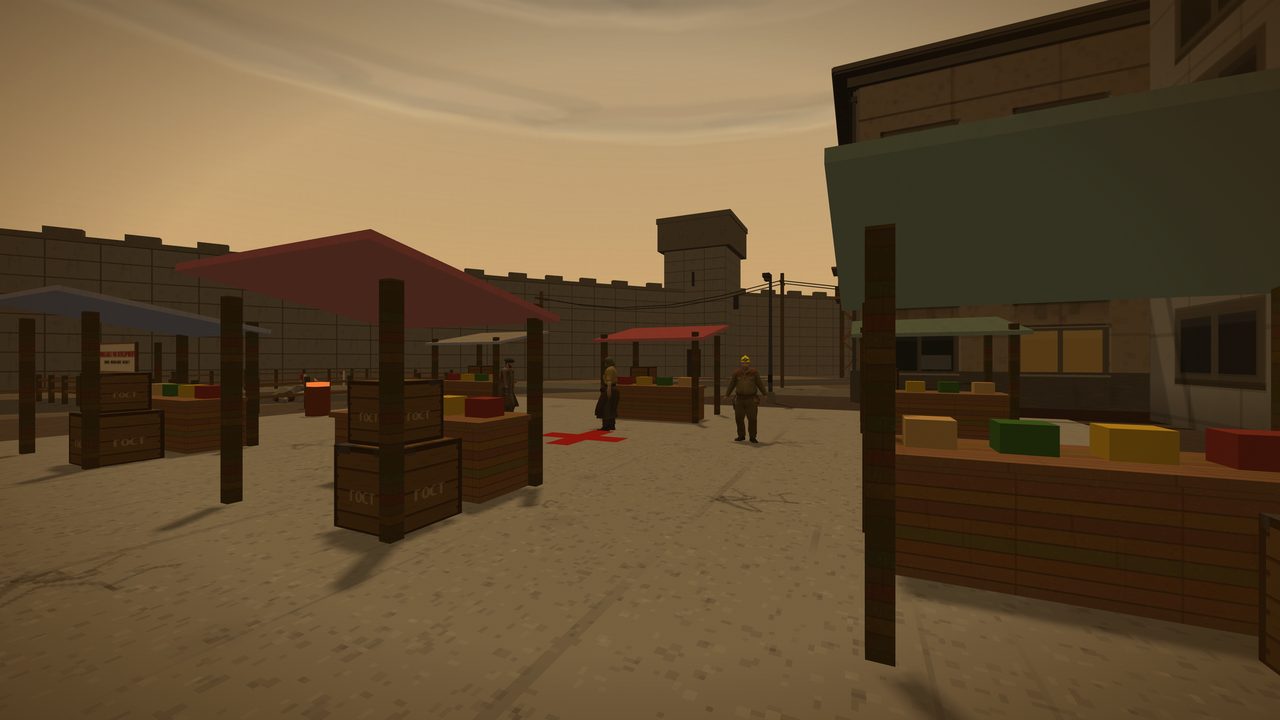 An open-air market of timber stalls under red, blue and green canvas awnings, stacked with crates stencilled GOST and blocks of produce in yellow, green and red. A burly worker in a yellow hard hat, a fur-collared work shirt and a loaded tool belt walks toward the camera carrying a shovel; a woman in a headscarf and a long dark skirt stands at a stall behind him. A red cross is painted on the ground between them, and a concrete guard tower and the perimeter wall rise behind the stalls.